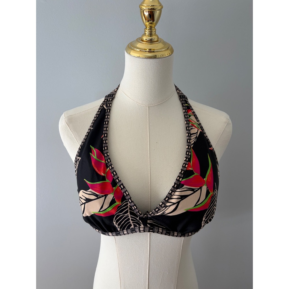 Athleta Hana black‎ tropical print halter bikini top Underwire 36 B/C